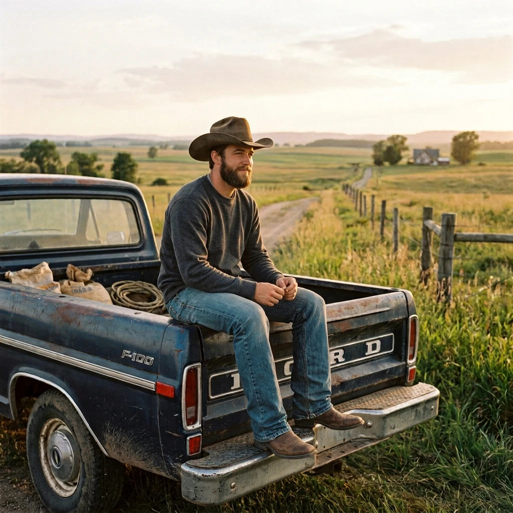 Man in a cowboy hat sitting on the tailgate of an old Ford pickup beside a fence and open pasture at sunset