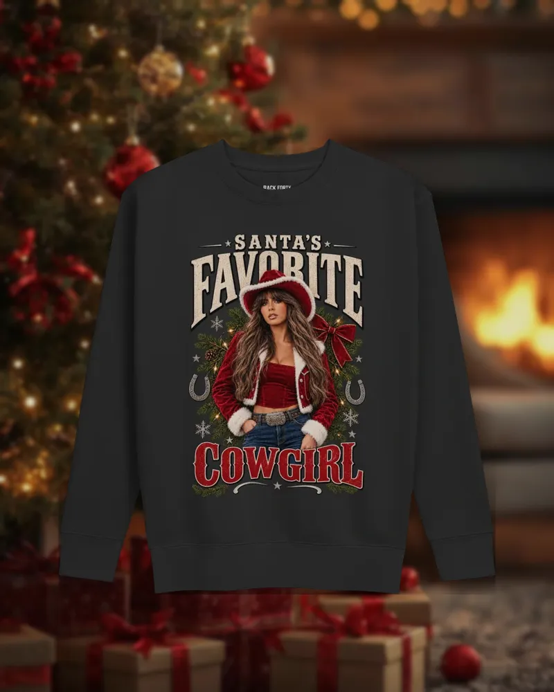 Santa’s Favorite Cowgirl™ Featuring: Ella Langley Christmas Unisex Sweatshirt by Back Forty Co., front view