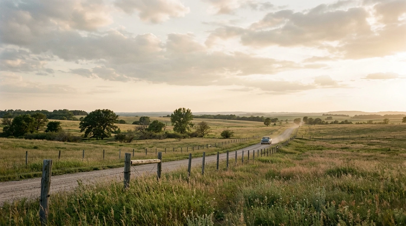 Dirt road winding through open pasture at sunset with a pickup truck far in the distance