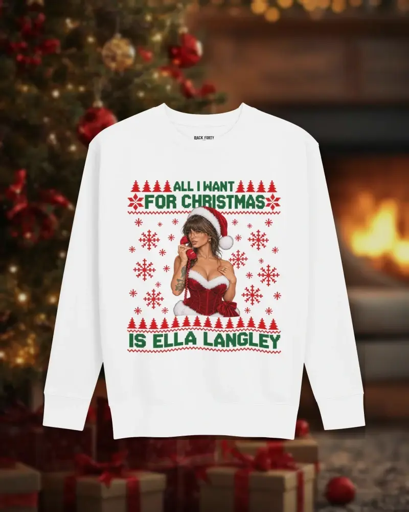 All I Want for Christmas Is Ella Langley™ On The Phone Unisex Sweatshirt – Ugly Sweater Edition by Back Forty Co., front view